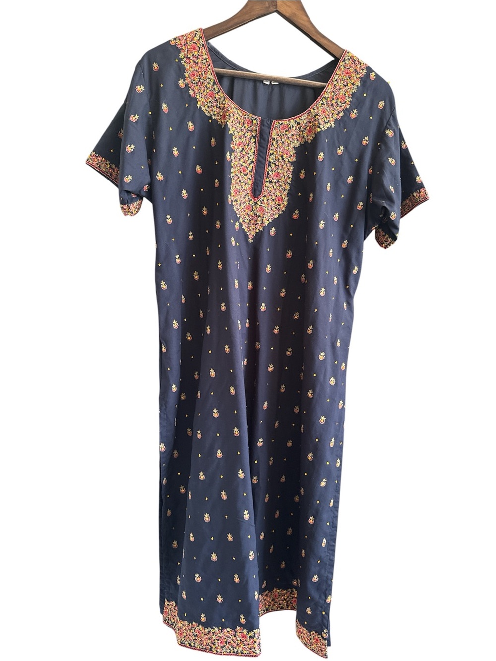 Source Unknown Navy Maxi Dress with Gold and Pink Embroidery